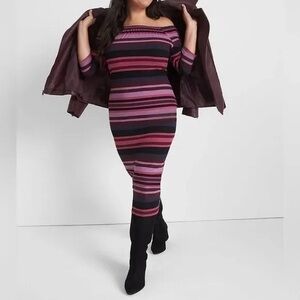Lane Bryant Off-Shoulder Striped Bodycon Dress in Pink, Black and Burgundy